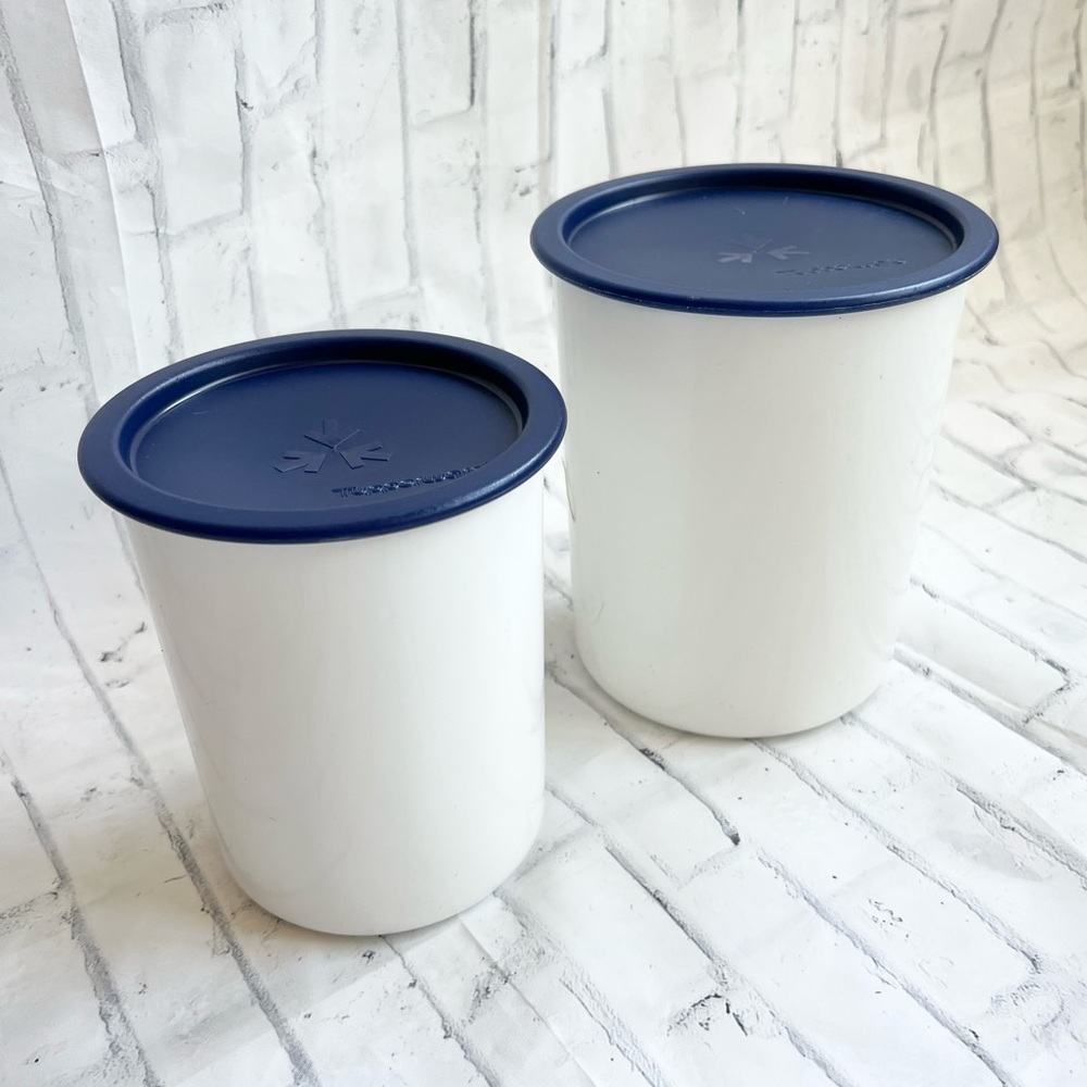 Vintage Tupperware One Touch Canister Set - Bold N Blue Lids - White Bases
